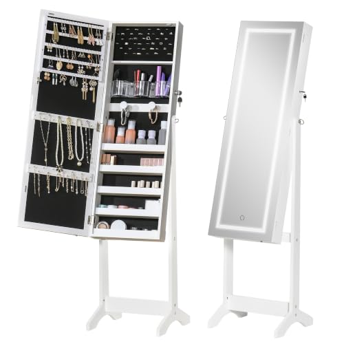 Detalle de HOMCOM espejo joyero de pie con LED, cierre con llave y 100 ranuras para pendientes