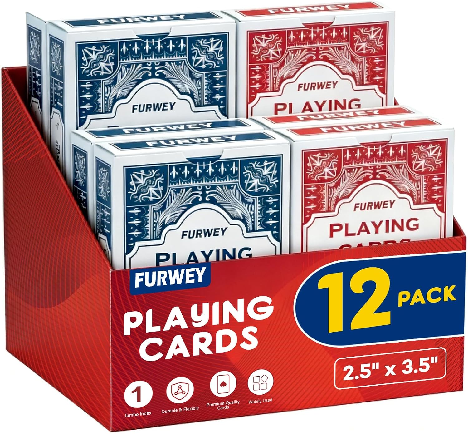 Detalle de FURWEY 12-Pack Playing Cards with Red/Blue Backs – Large Print, Standard Index