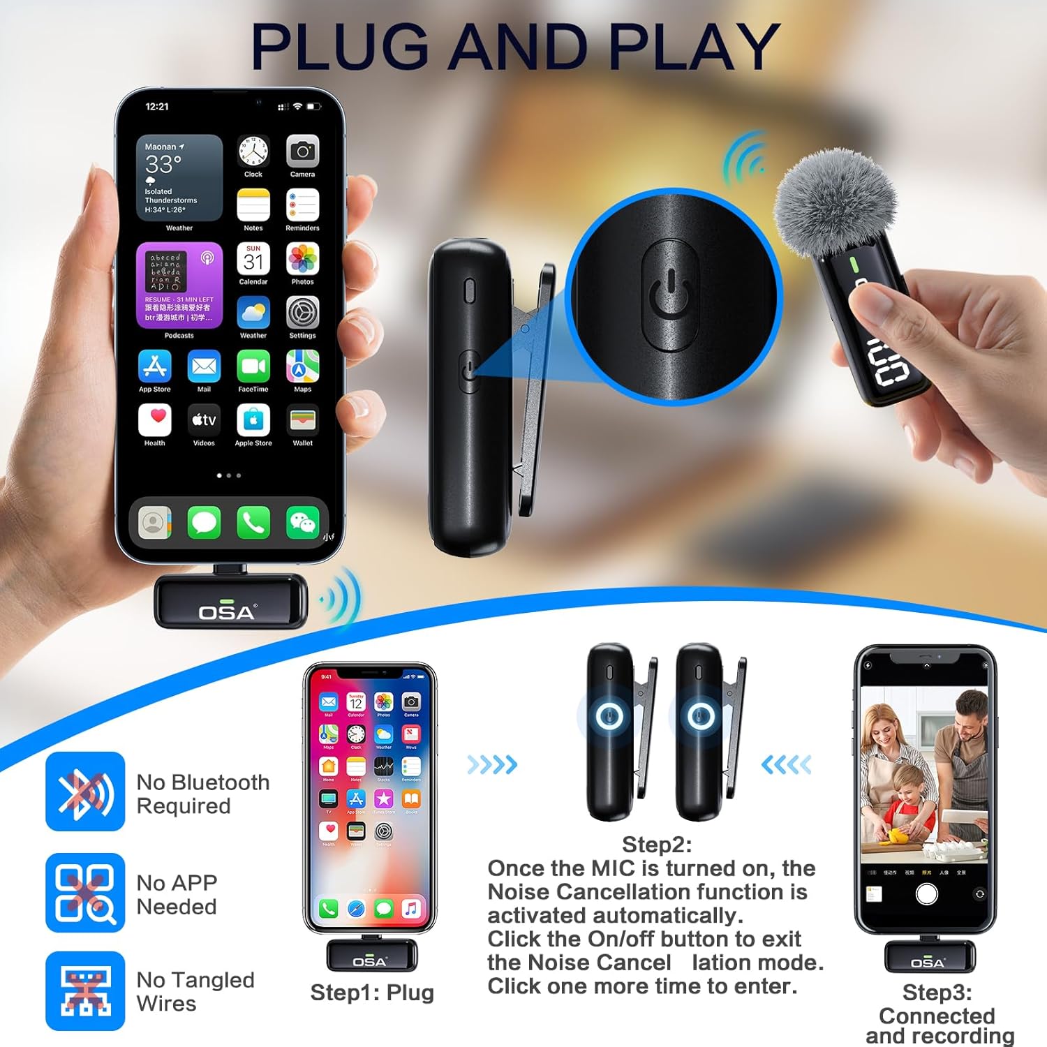 Detalle 2 de OSA Microfono Lavalier Wireless per iPhone/iPad/Android, 2 Pack con display e riduzione del rumore (Bluetooth, plug&play)