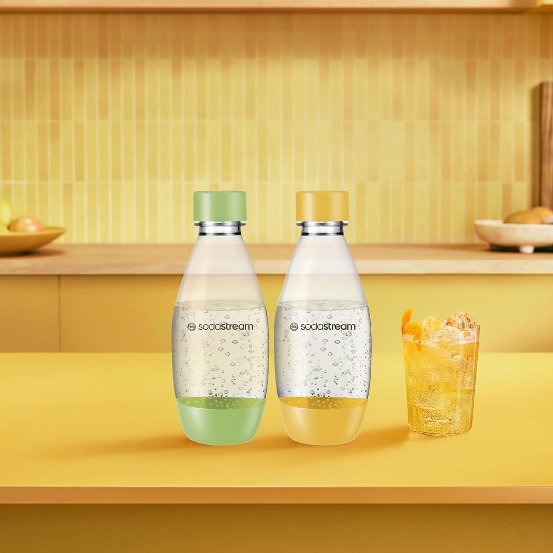 Detalle de Sodastream Fuse – Set di 2 bottiglie da 0,5 L, lavabili in lavastoviglie, Tritan resistente, disponibili in verde mentolato e giallo