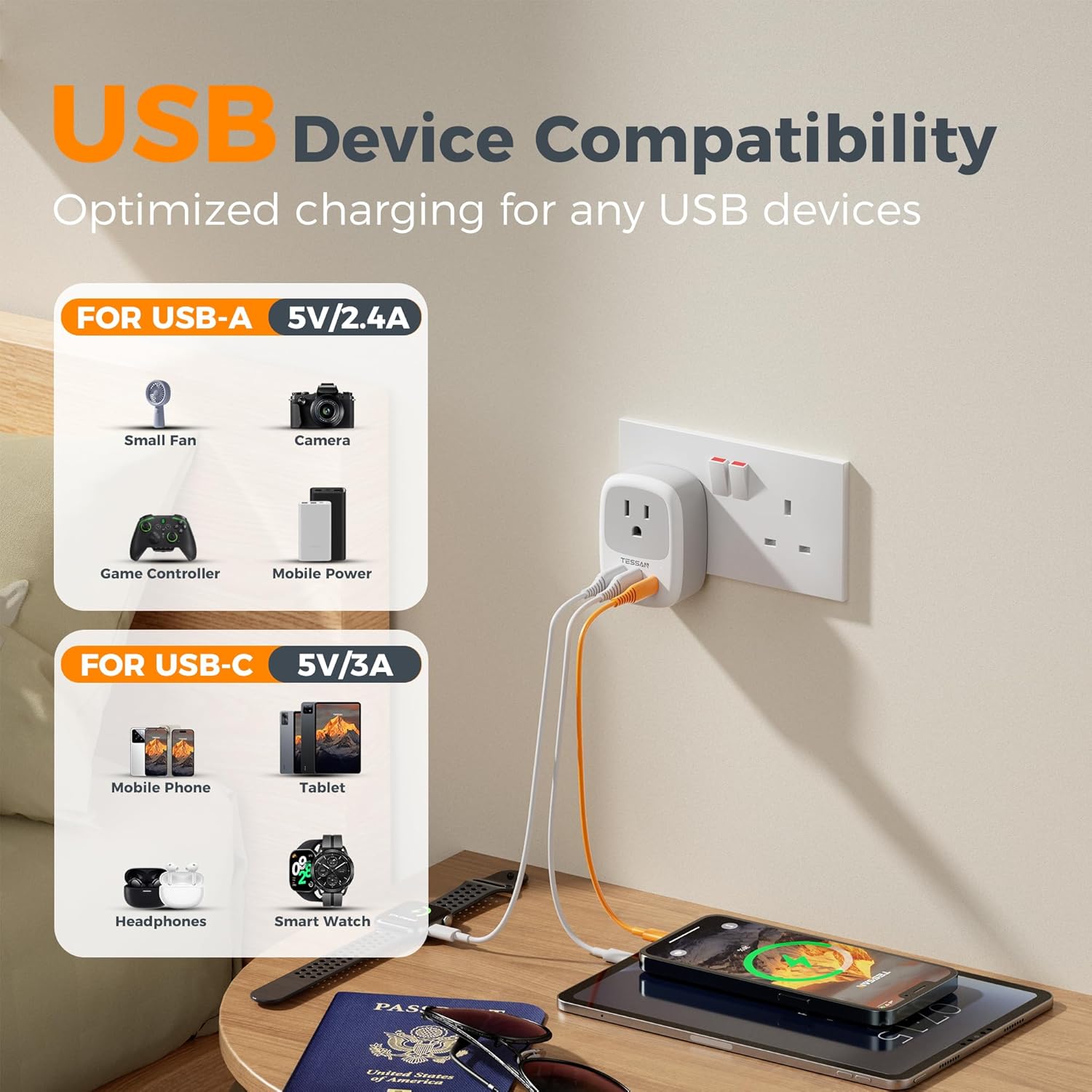 Detalle 2 de TESSAN US to UK Plug Adapter 3250W 🔌