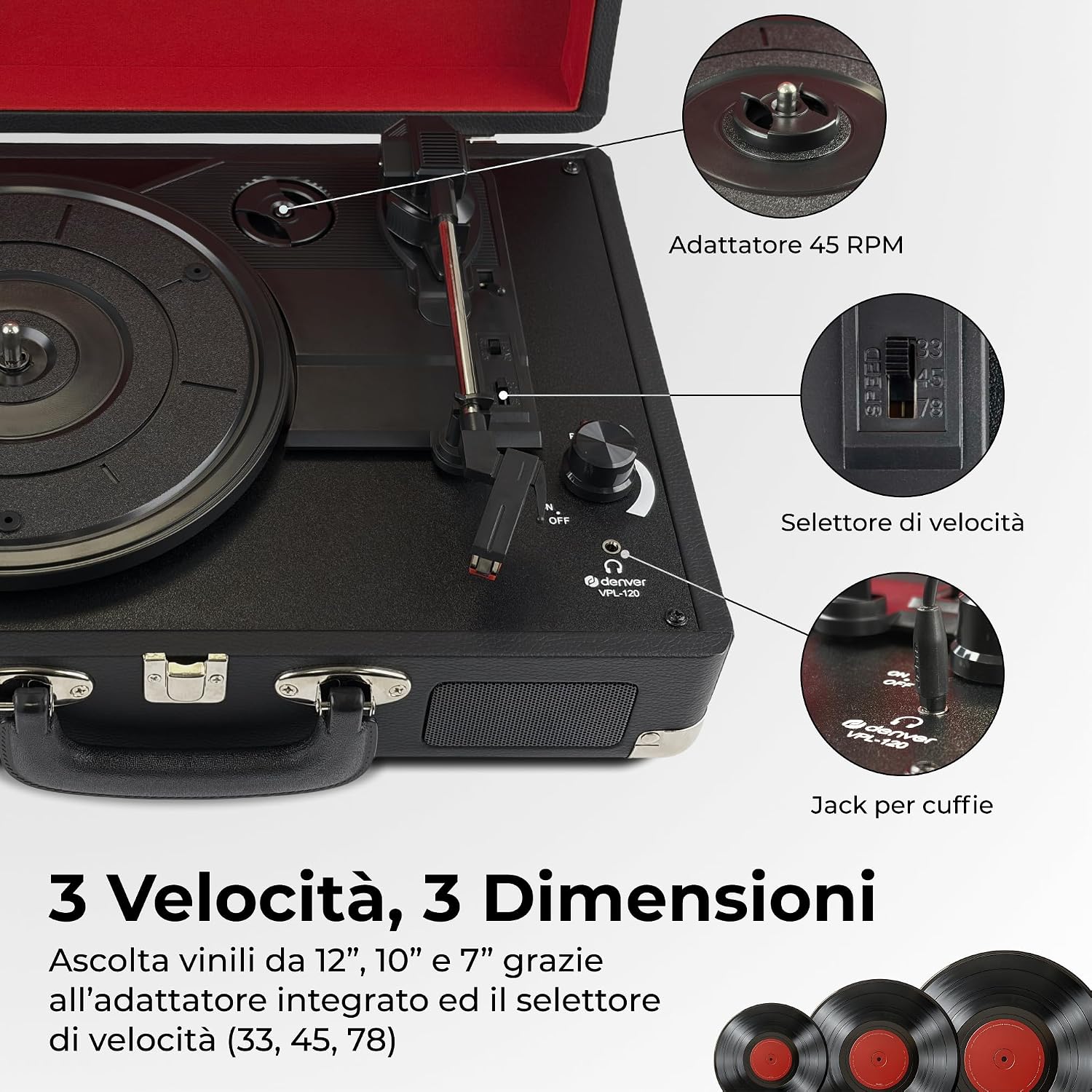 Detalle de Giradischi Denver VPL-120BLACK design valigia: 3 velocità, altoparlanti integrati e USB