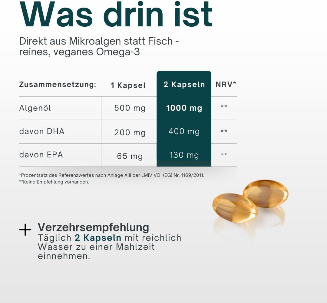 Detalle de AgilNature Omega 3 Vegan I 120 vegane Algenöl Kapseln – 530 mg EPA & DHA pro Tag, made in Germany