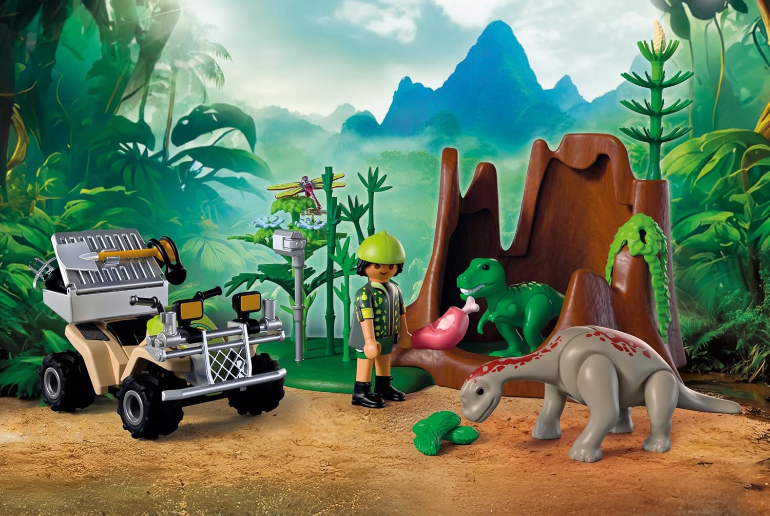Detalle de PLAYMOBIL Dinos Dinoversteck | Dino-Forscher mit Quad, T-Rex-Baby & Brachiosaurus-Baby | 72069