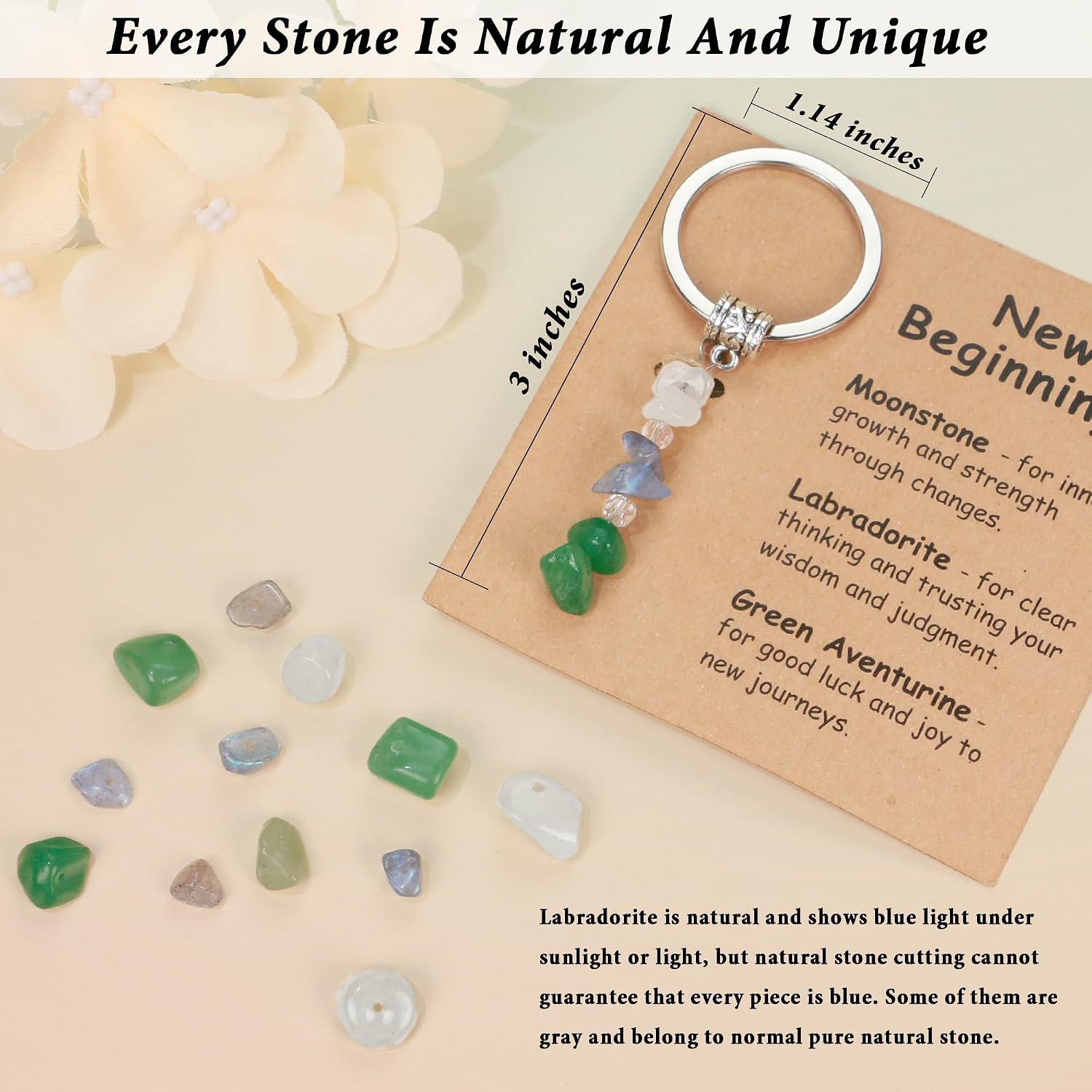 Detalle de Trinckle New Beginnings Nature Crystal Keychain for Women – Moonstone, Labradorite & Green Aventurine