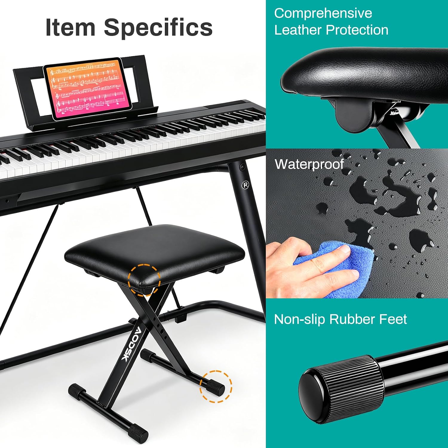 Detalle de AODSK AS-X21 Keyboard Bench, Adjustable Folding X-Style with Padded Seat
