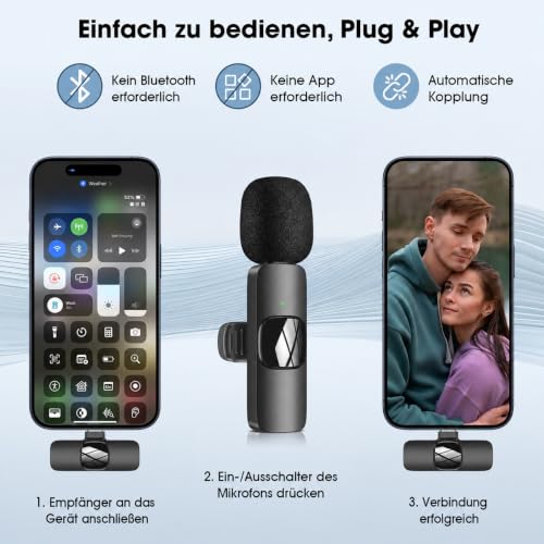 Detalle 2 de HMKCH kabelloses Lavaliermikrofon mit USB-C, Rauschunterdrückung und 3 Adaptern