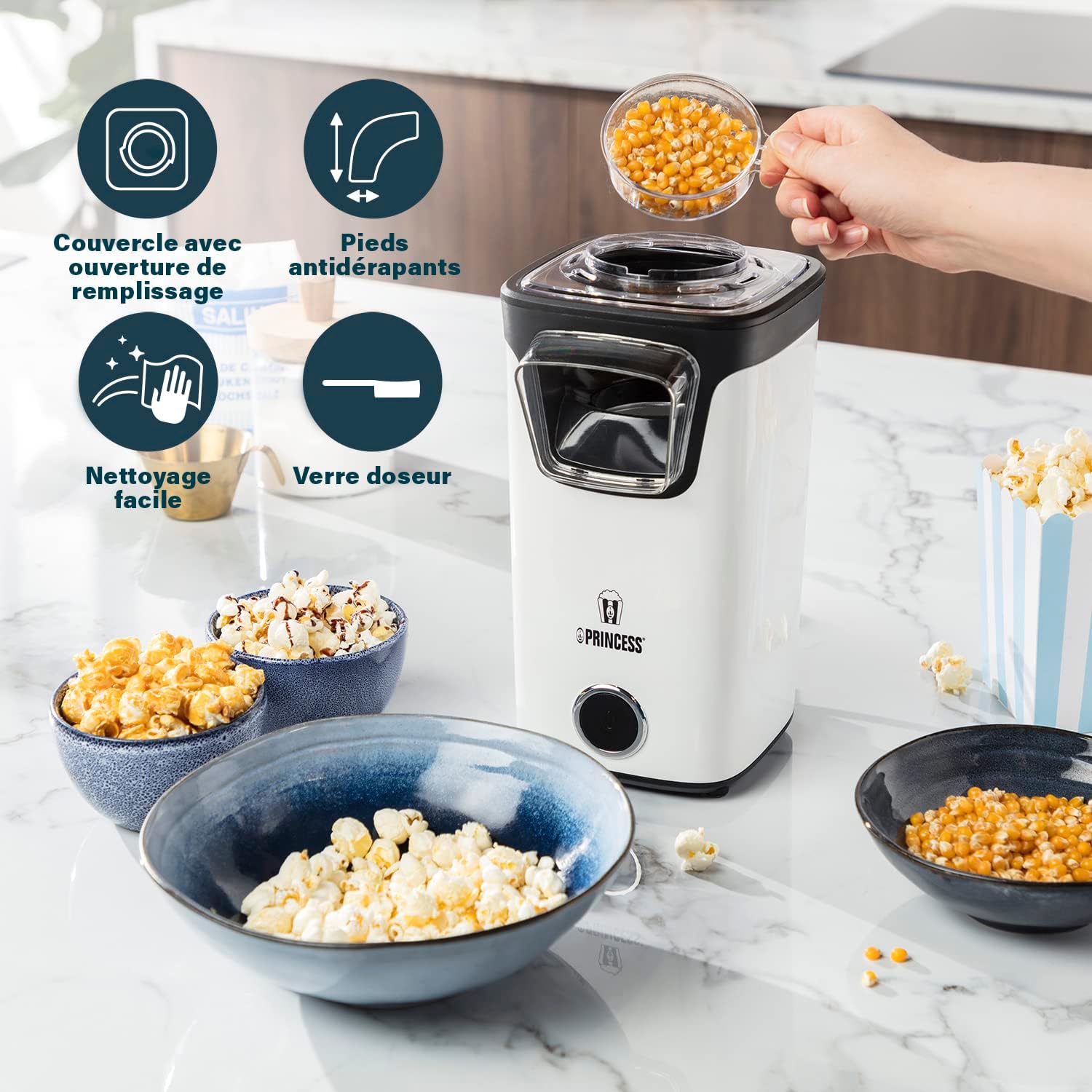 Detalle de Princess Machine à pop-corn à air chaud 1100 W 292986 : prêt en 3 min, sans huile ni graisse