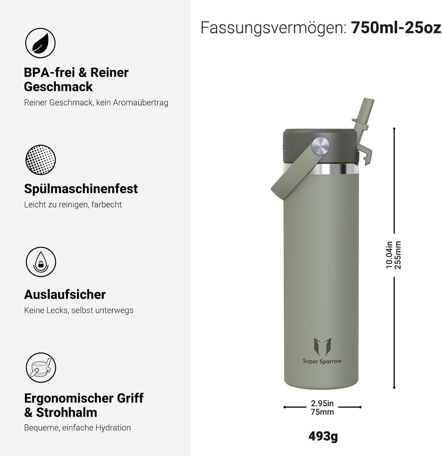 Detalle de Sparrow Trinkflasche Edelstahl 750ml – Weiter Öffnung SwivelSip mit Strohhalm