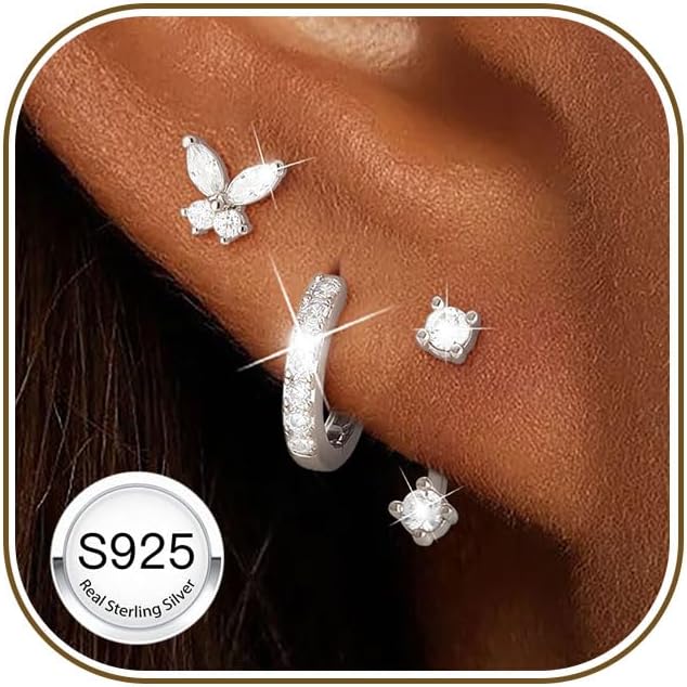 Detalle de ZNBOH Set aus 3 Paar Ohrringen in 925 Silber, vergoldet (18K) – Zirkonia-Schmuck für Damen & Mädchen
