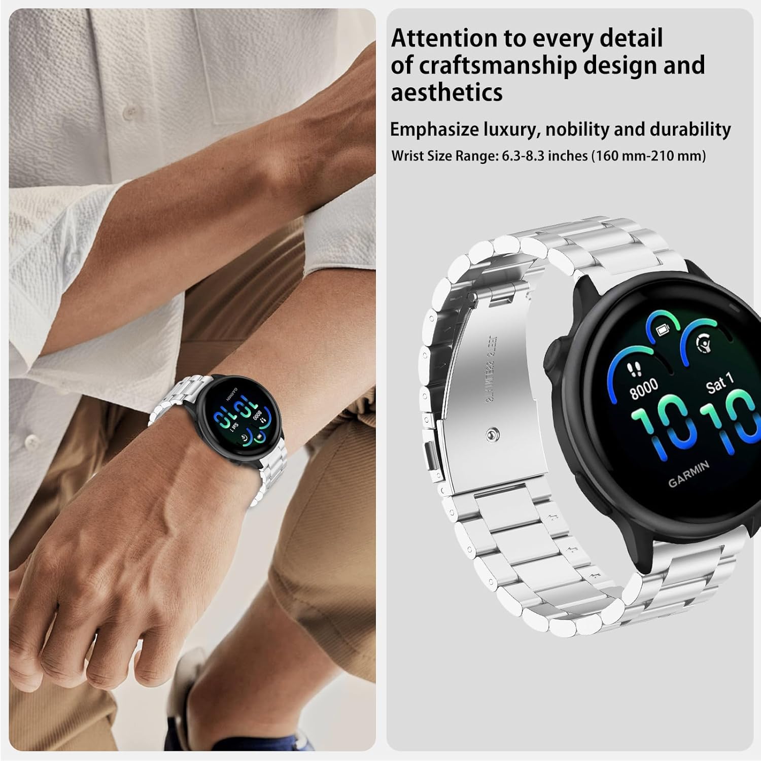 Thumbnail 3 de SumRioo 20mm Stainless Steel Strap (Metal Band) for Garmin Vivoactive, Venu & Forerunner models – Silver