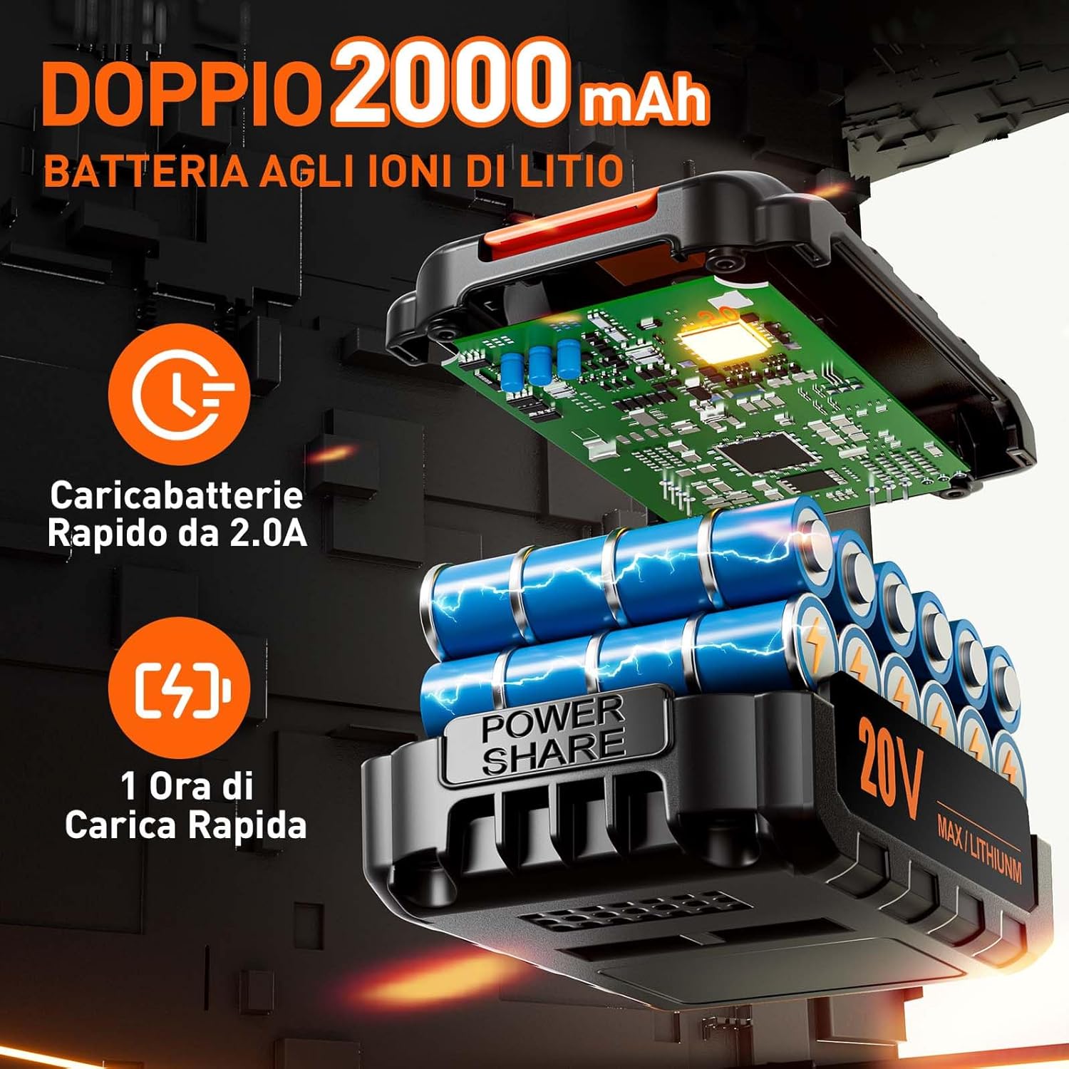 Detalle de Trapano Avvitatore a Batteria 20V con 2 Batterie 2.0Ah – Max 42Nm, 25+1 Coppia, LED e 24 Accessori