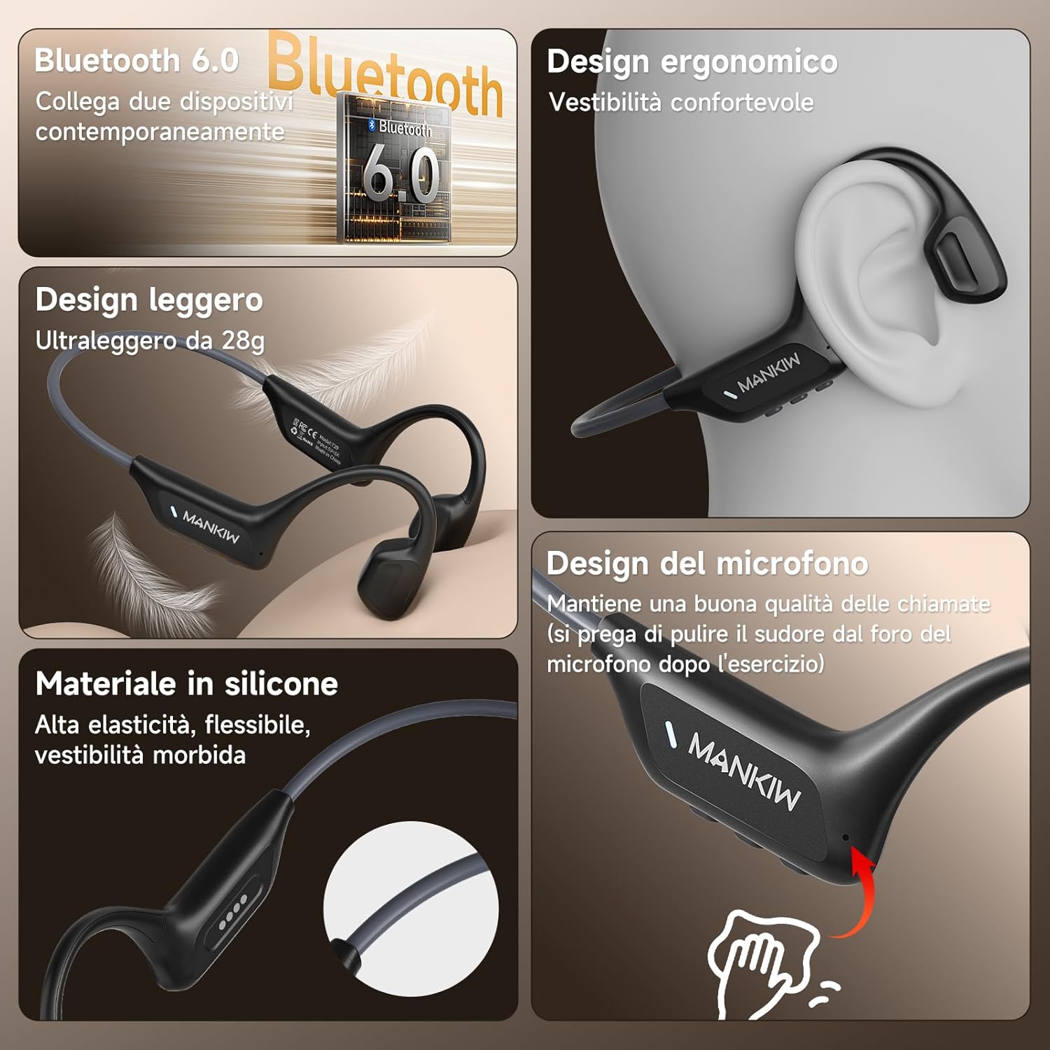 Detalle de MANKIW Cuffie Conduzione Ossea IP68 Open Ear Bluetooth 6.0: performance senza orecchio chiuso