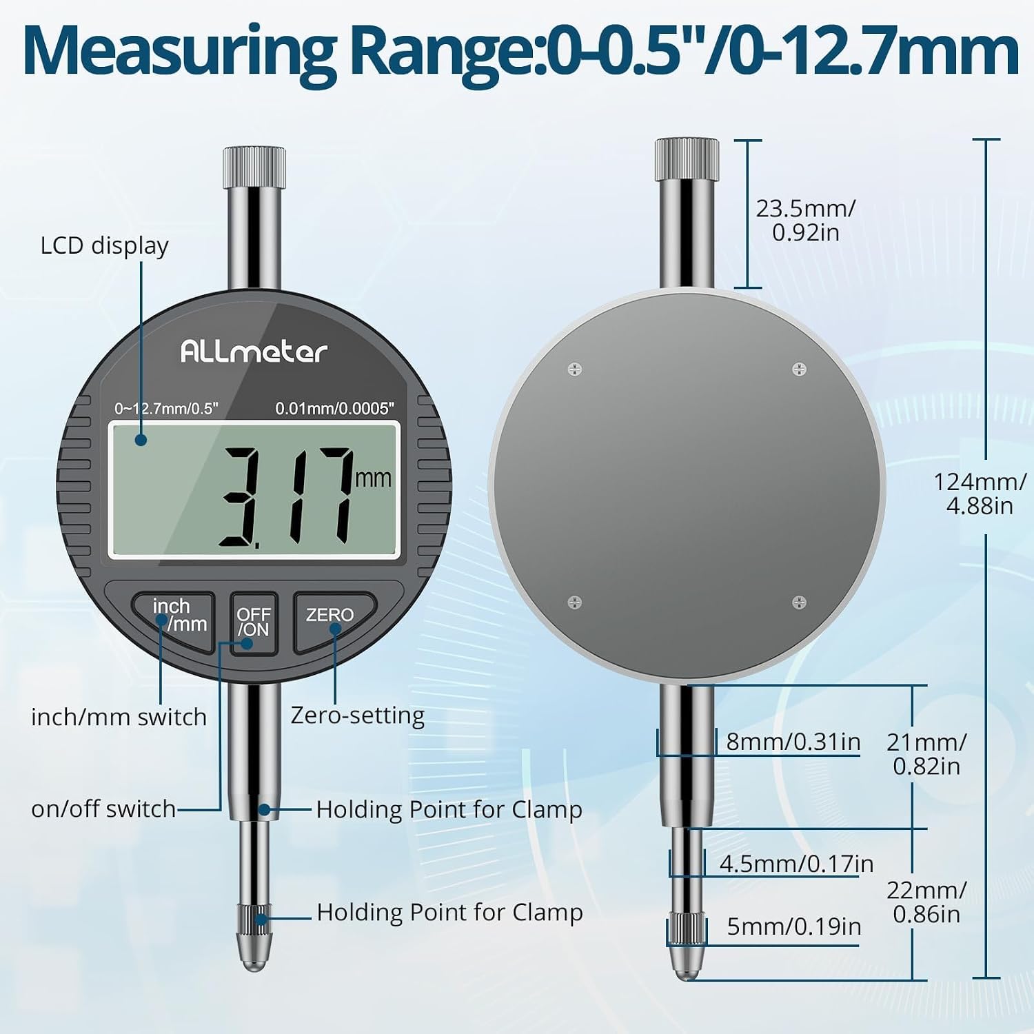 Detalle de ALLmeter ALL024 digitale binnenmeter 50–160 mm, 0,01 mm en 12 meetsondes