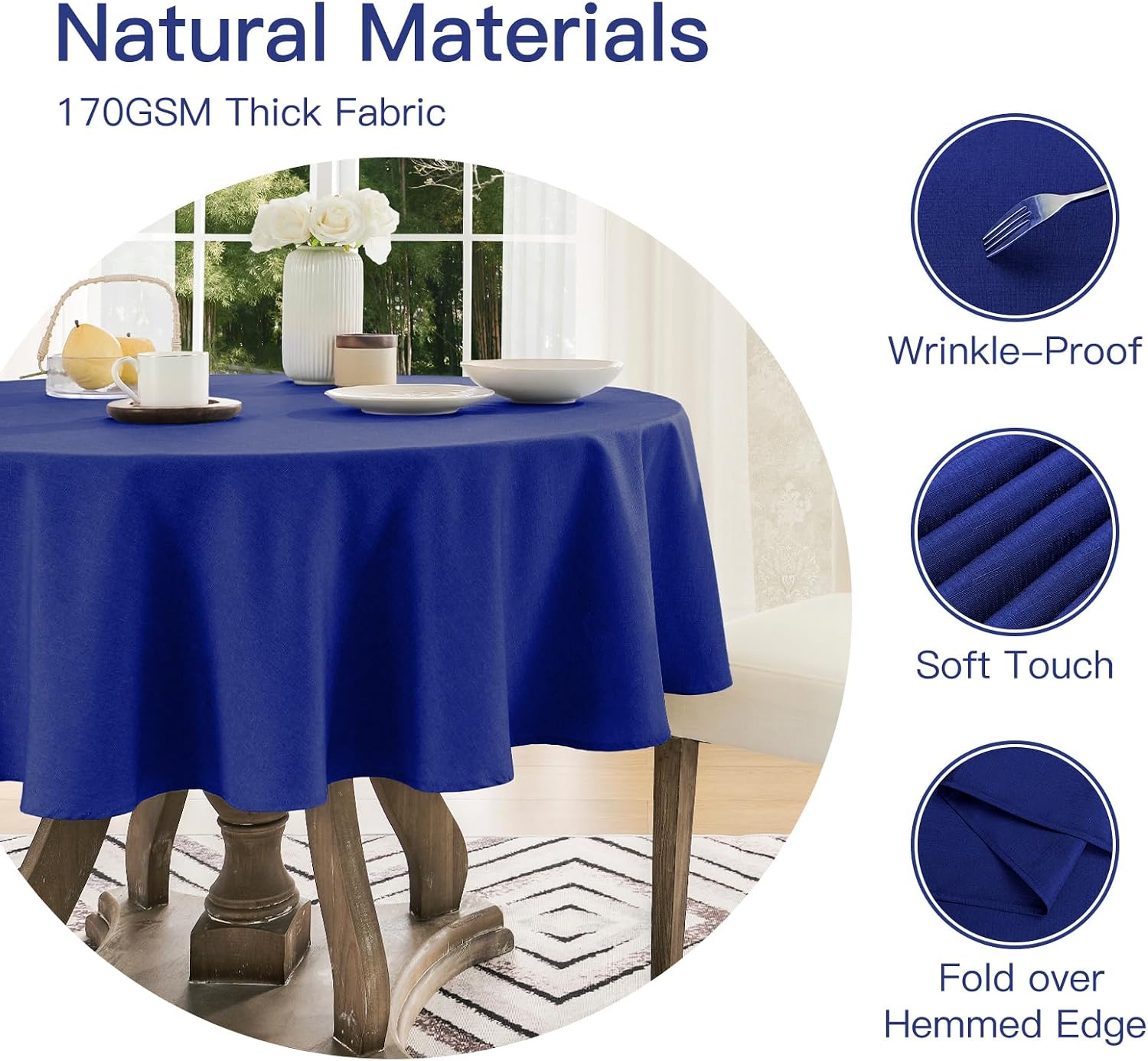 Detalle de Veblandy Faux Linen Round Tablecloth 60 inch - Royal Blue