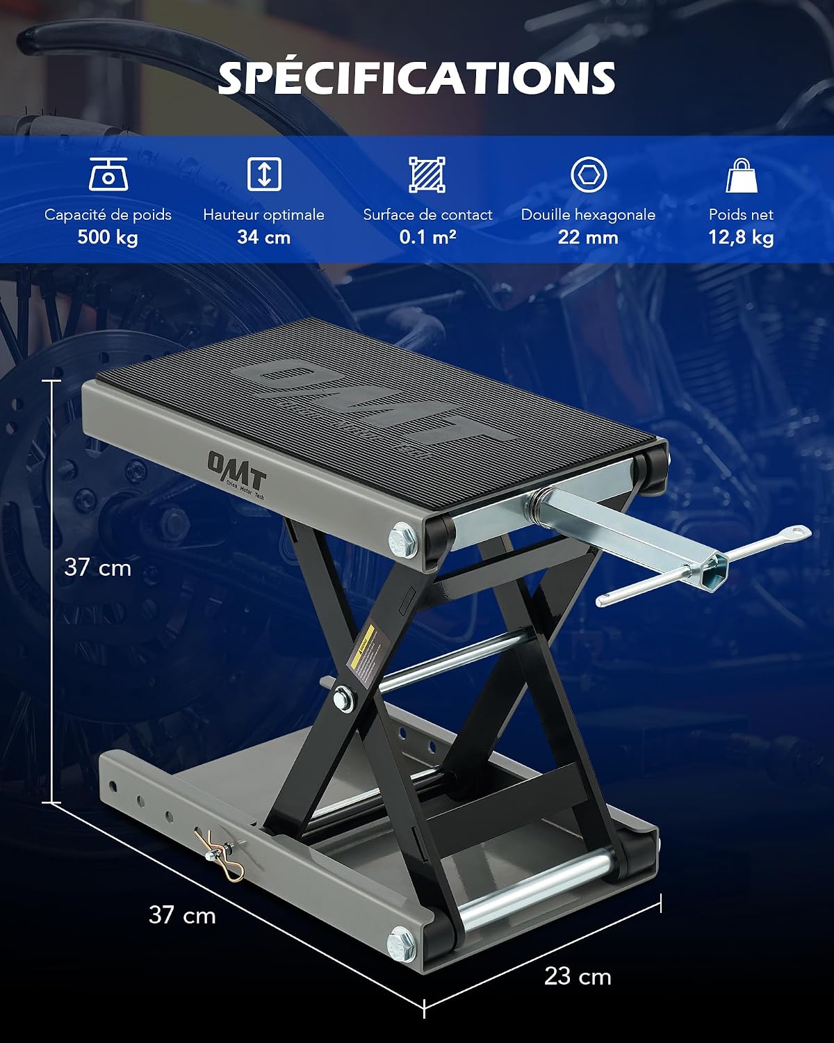 Detalle 2 de Cric à Ciseaux pour Motos Orion Motor Tech – Capacité 500 kg, Plateforme Large et Sûreté renforcée