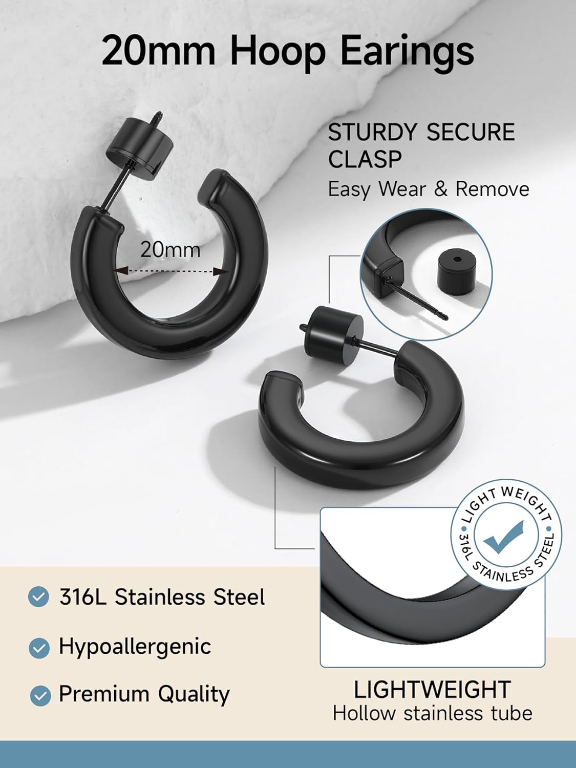 Thumbnail 5 de PROSTEEL Demi-créoles carrées ouvertes en acier inoxydable 316L (noir ou plaqué or) — tailles 20, 30, 40, 60 et 80 mm