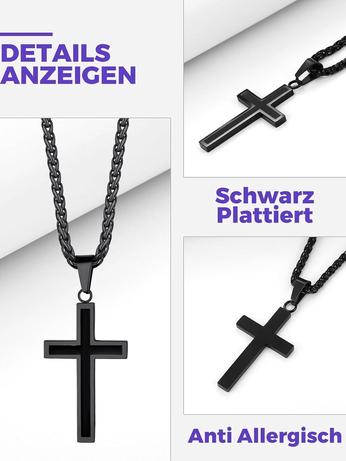 Detalle de Richsteel Kreuz-Kette für Herren – verstellbare Halskette mit Kreuzanhänger, Edelstahl in Silber/Gold/Schwarz