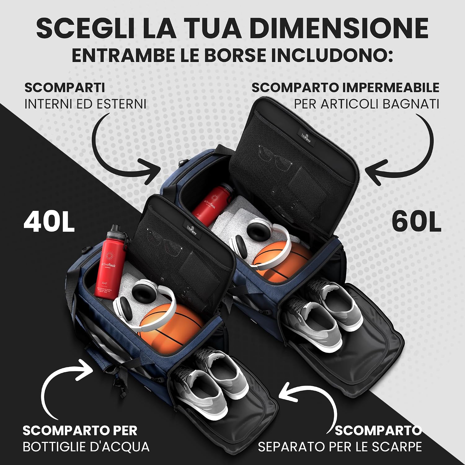 Thumbnail 1 de bemaxx Borsone Palestra Uomo Donna 60L/40L con funzione zaino e comparti: scarpe, bagnato e molto altro
