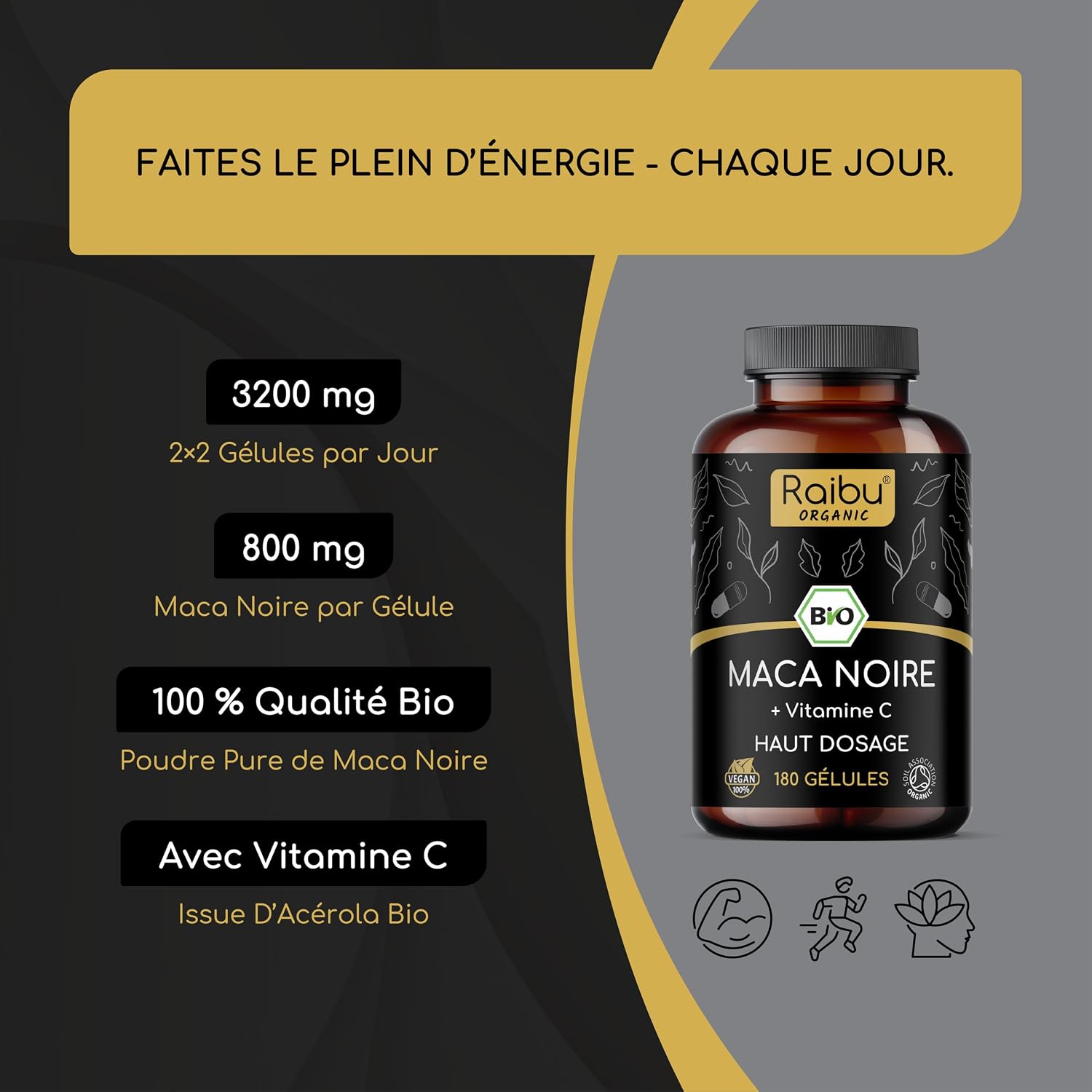 Detalle de Maca Noire BIO du Pérou – Haute concentration 12 800 mg par jour, 180 gélules