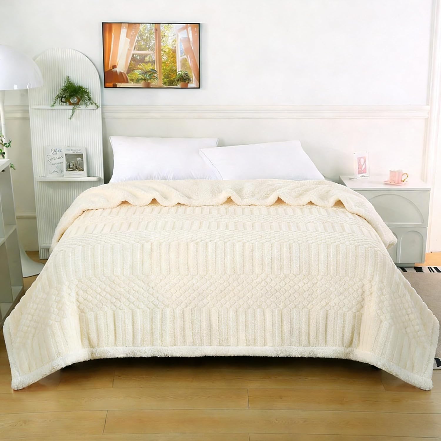Detalle 2 de Sherpa Fleece Super Soft Blanket 150x200cm – Cream White, Double-Sided for Bed or Sofa