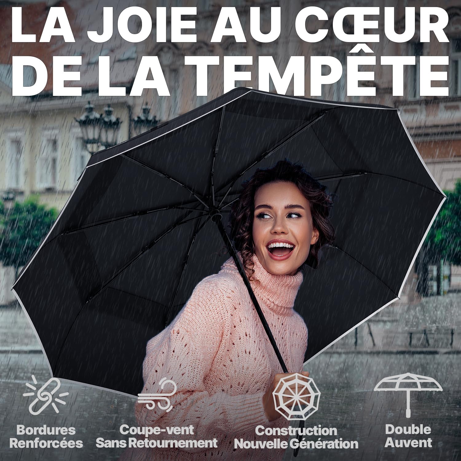 Thumbnail 3 de Royal Walk – Parapluie de voyage pliable coupe-vent double toile ventilée, poignée en bois véritable (Noir, L)