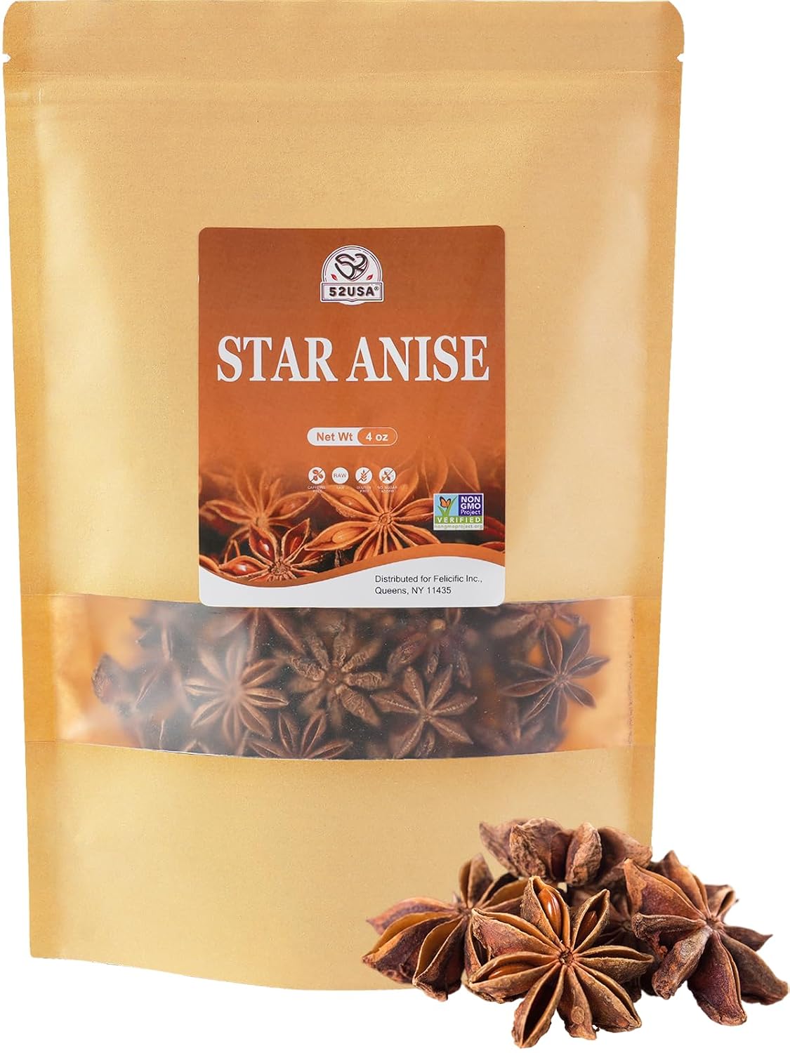 Detalle de 52USA Whole Chinese Star Anise, 4 oz Non-GMO Verified Resealable Pouch