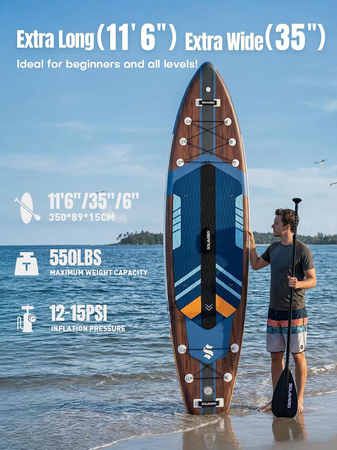 Thumbnail 1 de SOLAVERO 11'6" Inflatable SUP Board, 35" Wide with EVA Deck and Seat