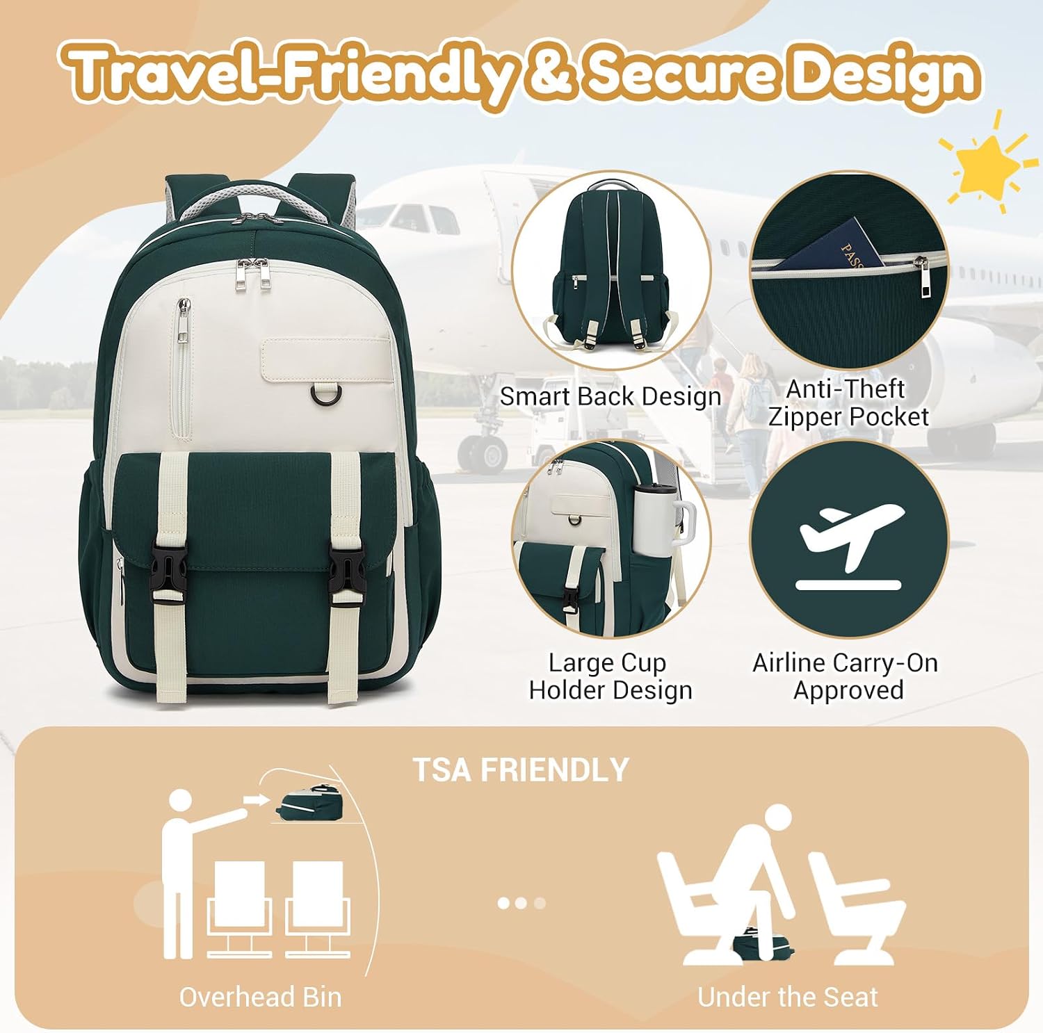 Thumbnail 6 de KONO Schulrucksack Teenager – Leichter Rucksack mit 15,6-Zoll Laptopfach, Grün/Beige