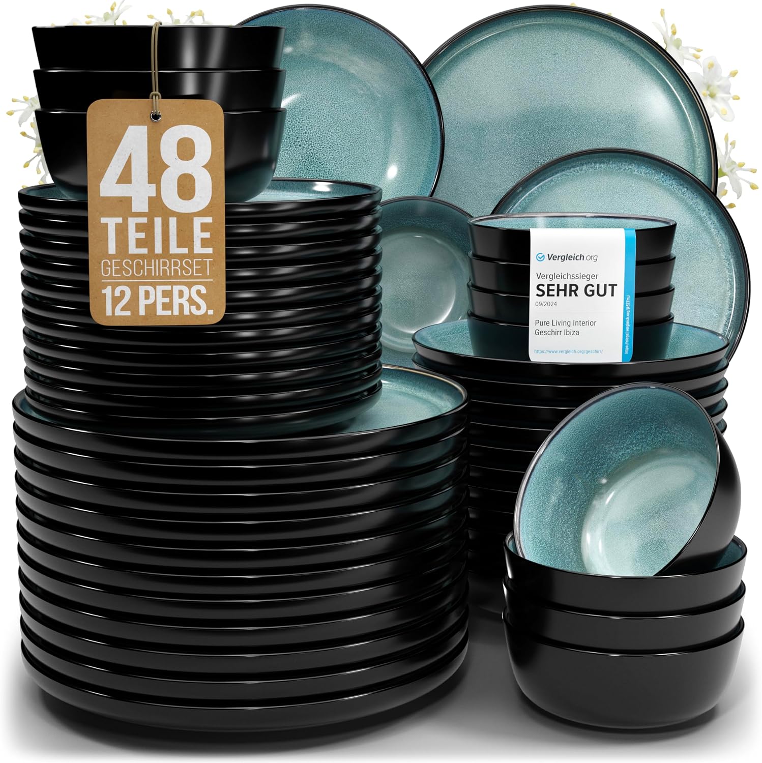 Detalle de Pure Living Ibiza Steingut Geschirrset 48-tlg für 12 Personen 🍽