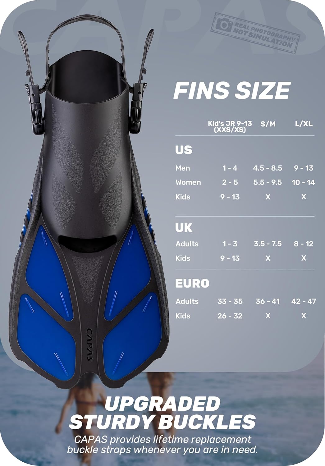 Detalle 2 de CAPAS Snorkel Fins Travel Size Open-Heel Adjustable Flippers (Short Fins for Adults & Kids)
