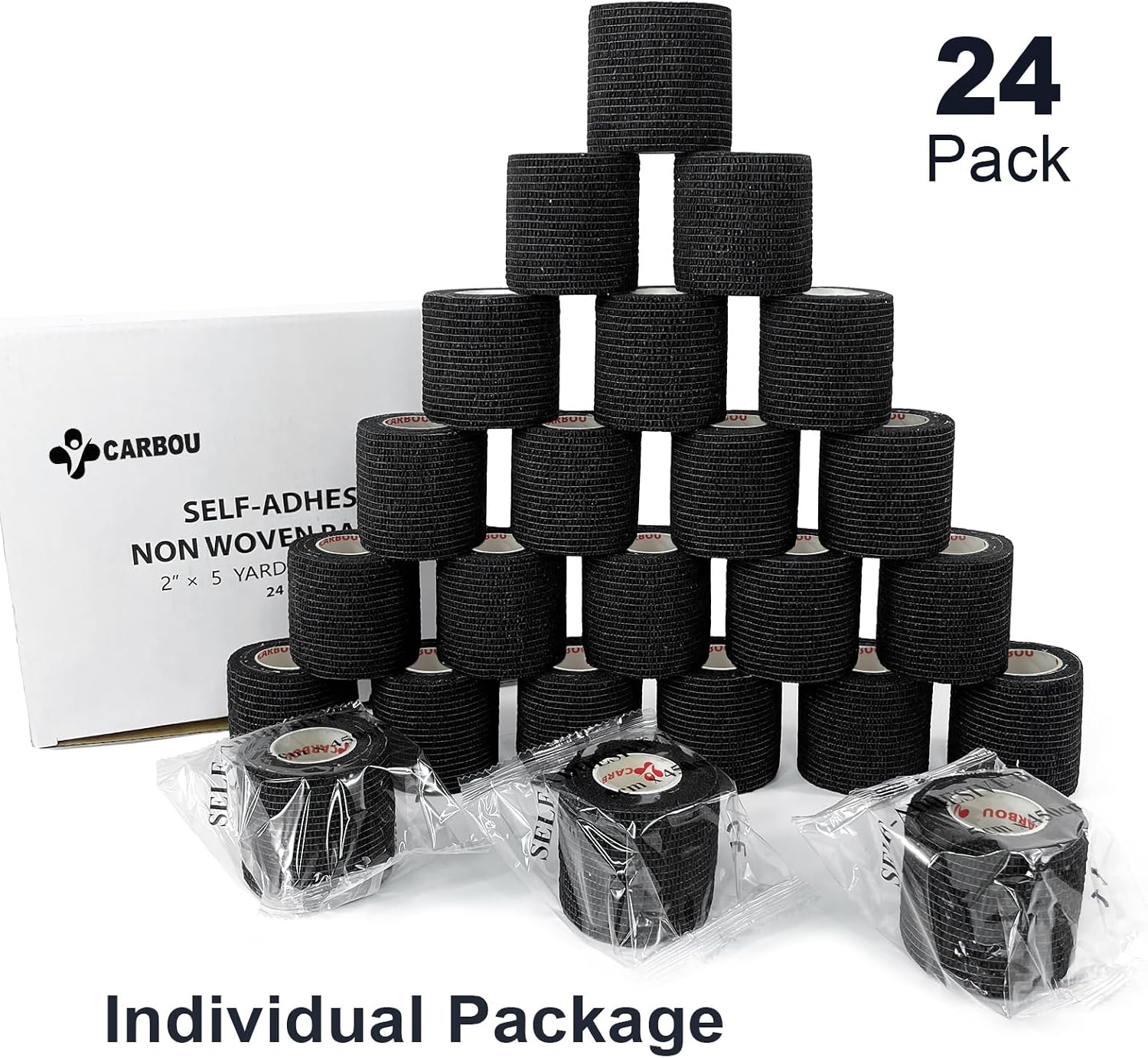Detalle 2 de CARBOU 03303502 Self-Adhesive Bandage Wrap, 2 in x 5 yd, 24-Pack, Black