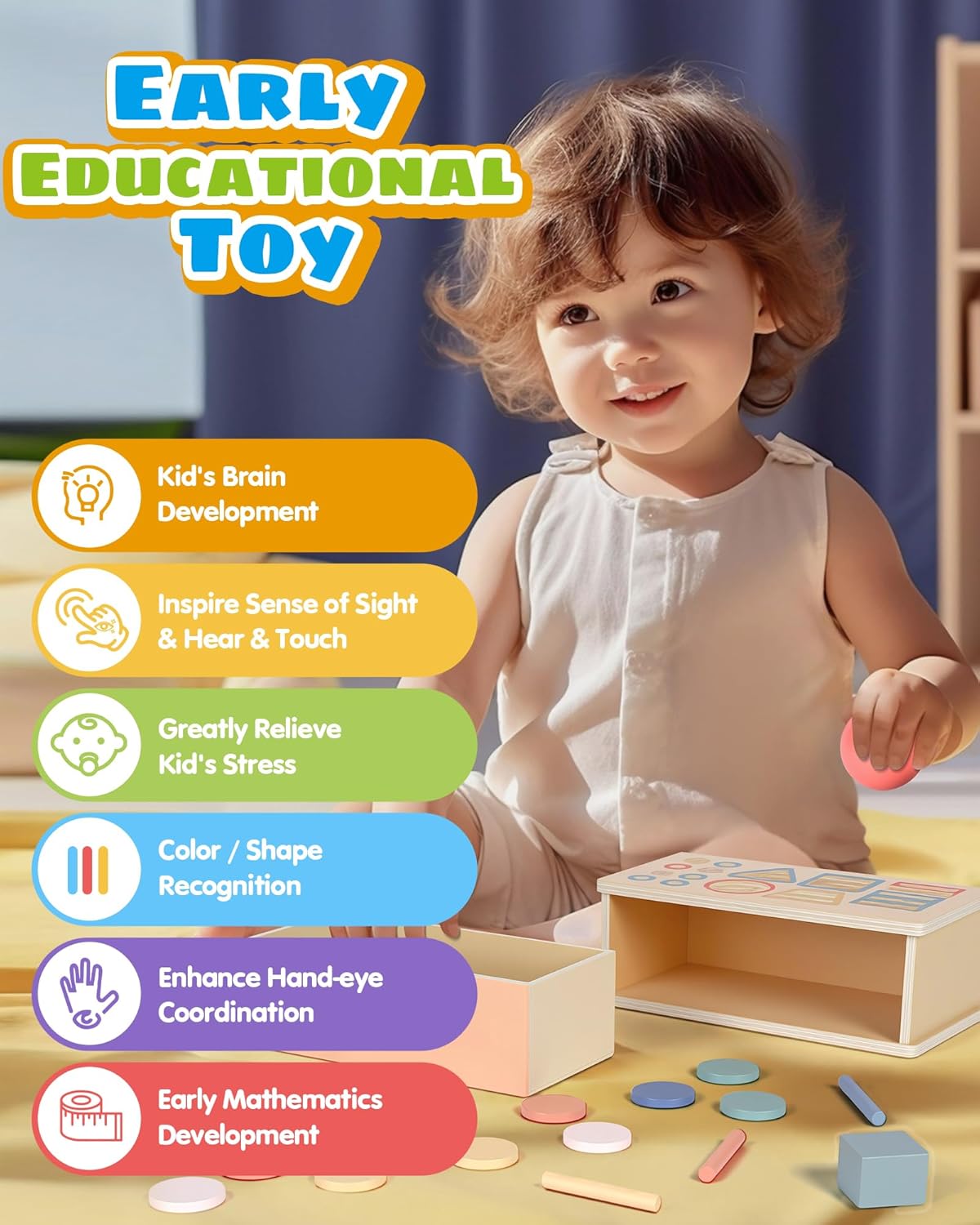 Detalle de Pajojoqa Montessori Color Sorting Toys: 4-in-1 Wooden Busy Box for Color, Shape, and Sensory Play