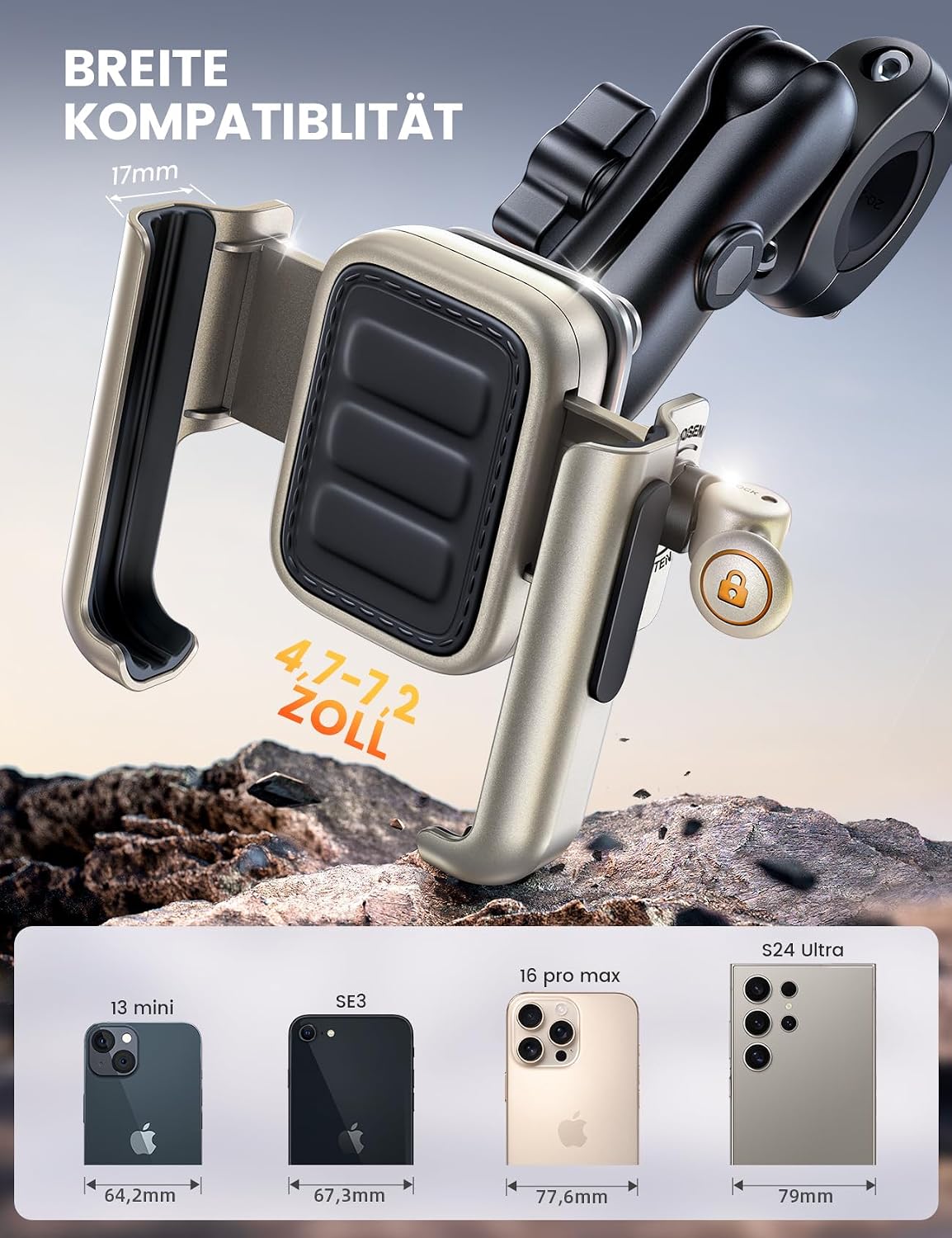 Detalle 2 de Lamicall Handyhalterung Motorrad & Fahrrad – Ganzmetall, vibrationsgedämpft, Lenkerhalter mit Verlängerungsarm (für 4,7–7,2 Zoll)