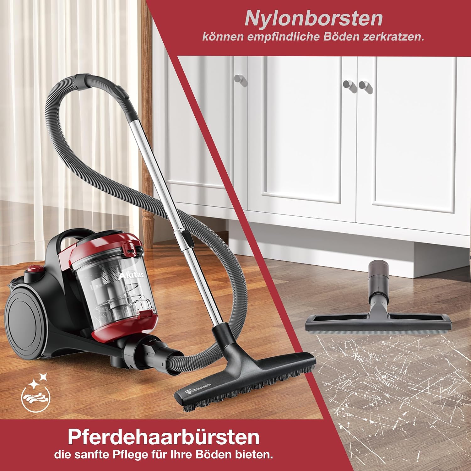 Detalle de Akitas C10P 900W beutelloser Staubsauger mit HEPA & Wessel Werk D320 Hartbodenbürste (32 cm) – für Parkett, Laminat & Fliesen