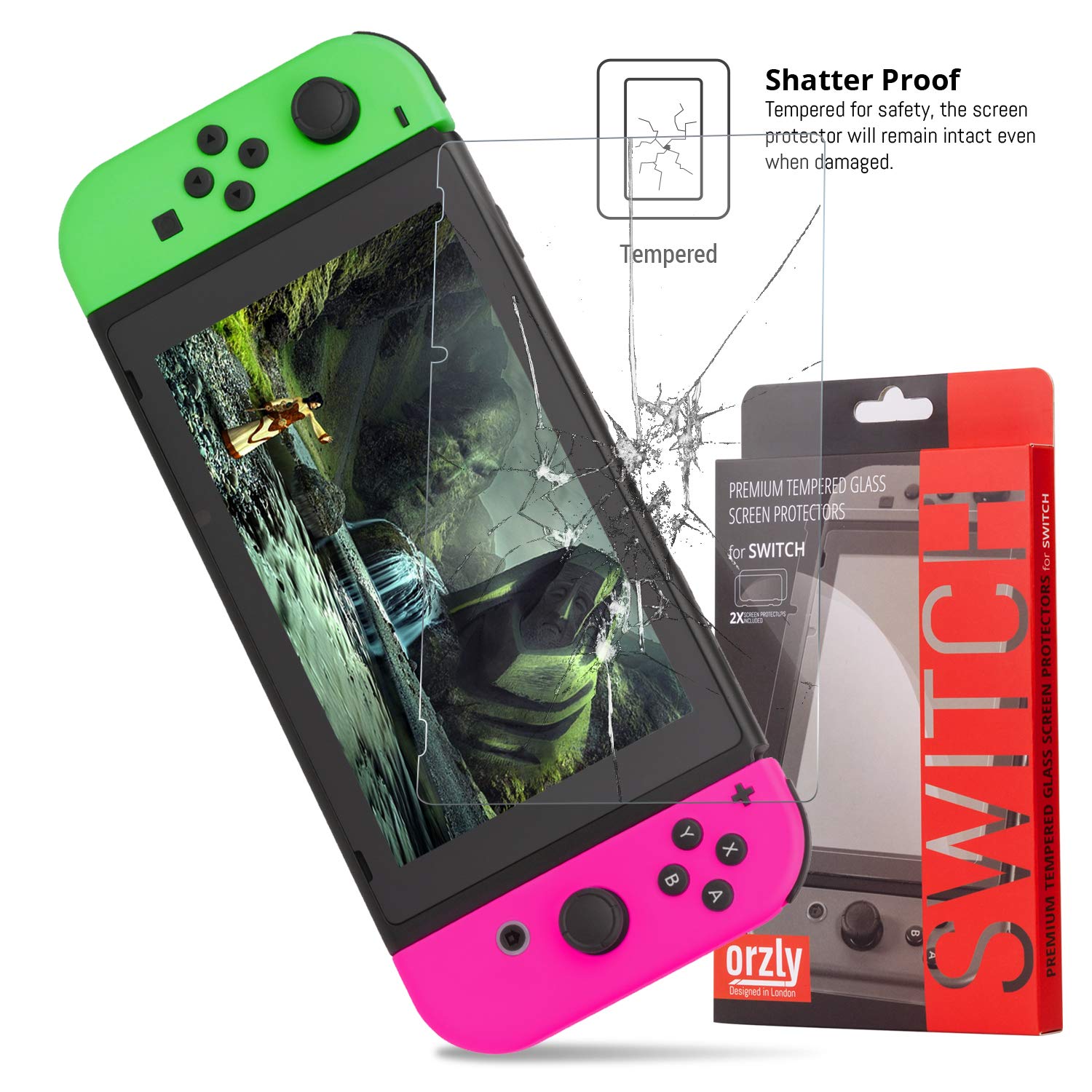 Detalle de Orzly Premium Tempered Glass Screen Protectors Twin Pack for Nintendo Switch (0.24mm, 2-Pack)