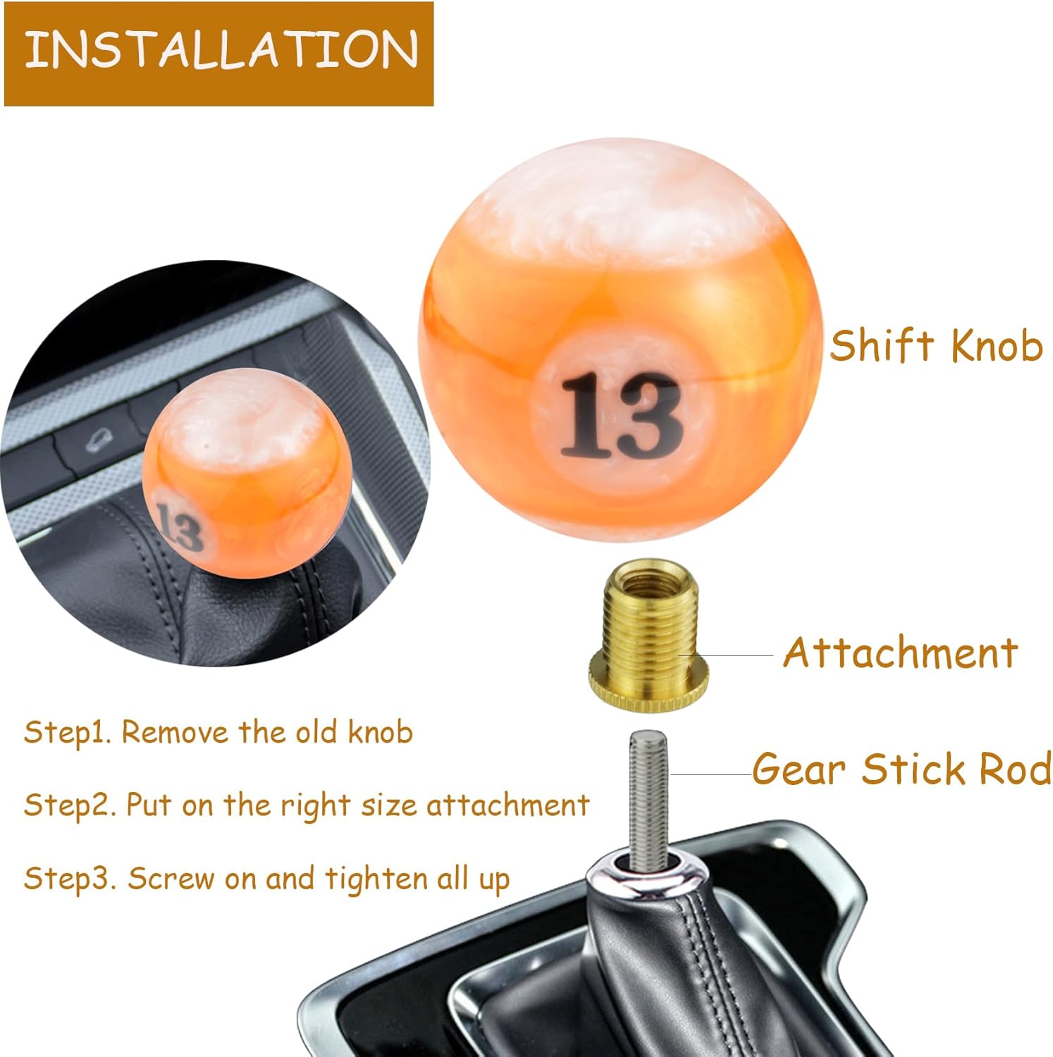 Thumbnail 1 de Temzzer Gear Shifter Knob (Billiard Shapes) Resin Shift Stick Lever Handle – White/Orange, 13