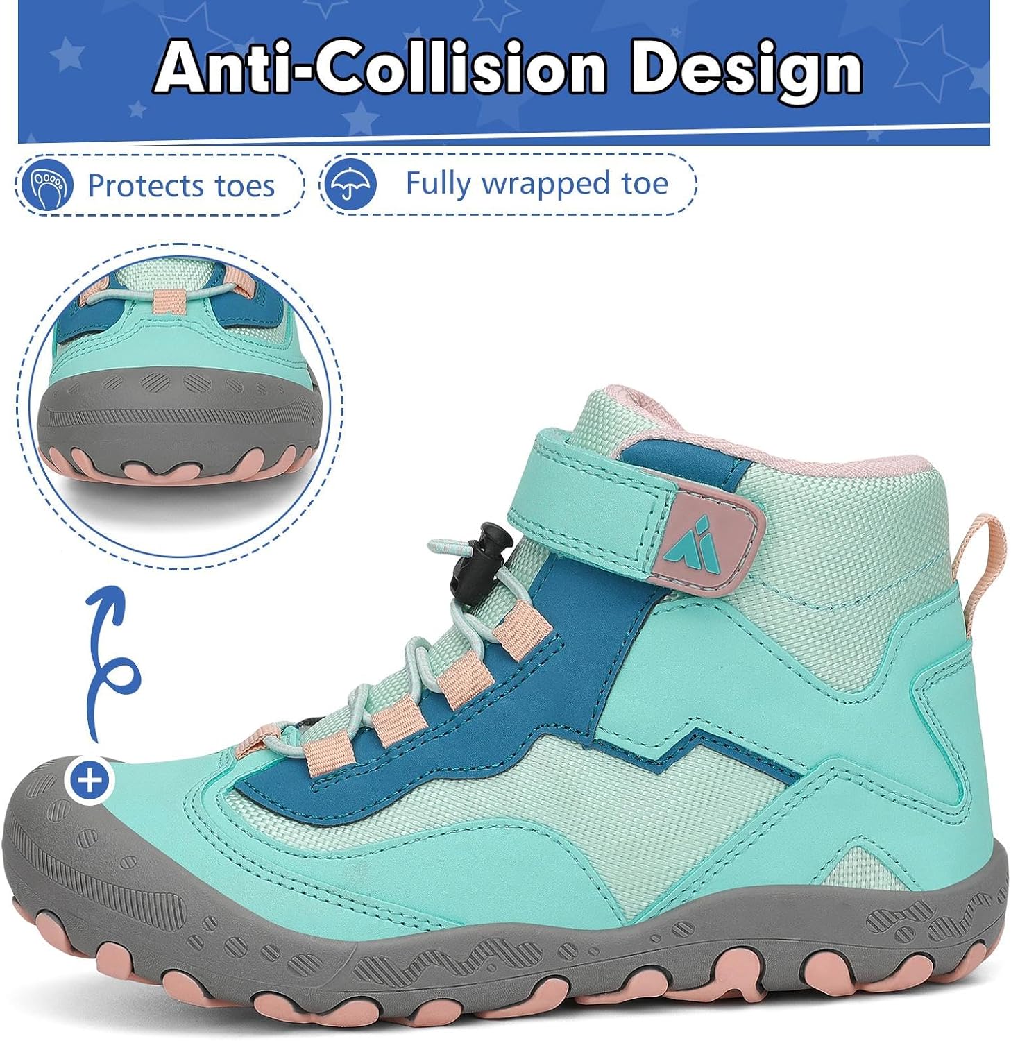 Detalle de Mishansha Kinder Wanderschuhe – Leichte Trekkingschuhe mit Klettverschluss, rutschfest und atmungsaktiv (Gr. 24–38)