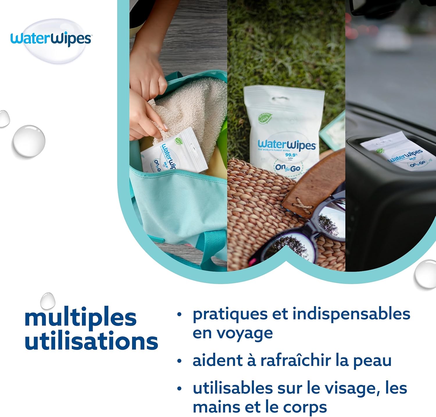 Detalle de WaterWipes Sensitive+ On The Go Wipes — Lingettes sans parfum, 99,9% eau purifiée, 100 unités (10 paquets)