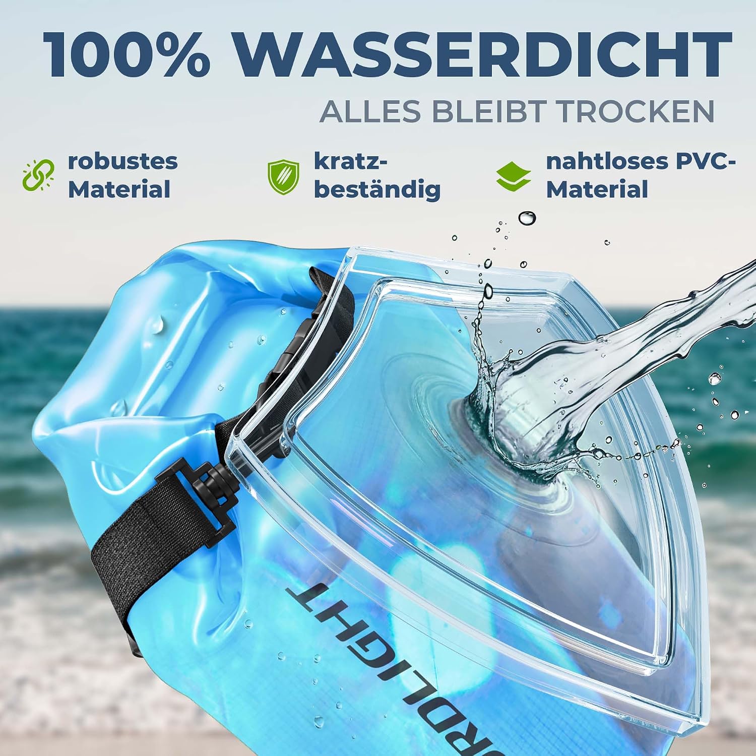 Detalle de Nordlight Dry Bag wasserdichte Tasche – 2l bis 30l, Roll-Top, inkl. Bauchtasche und Smartphone-Hülle