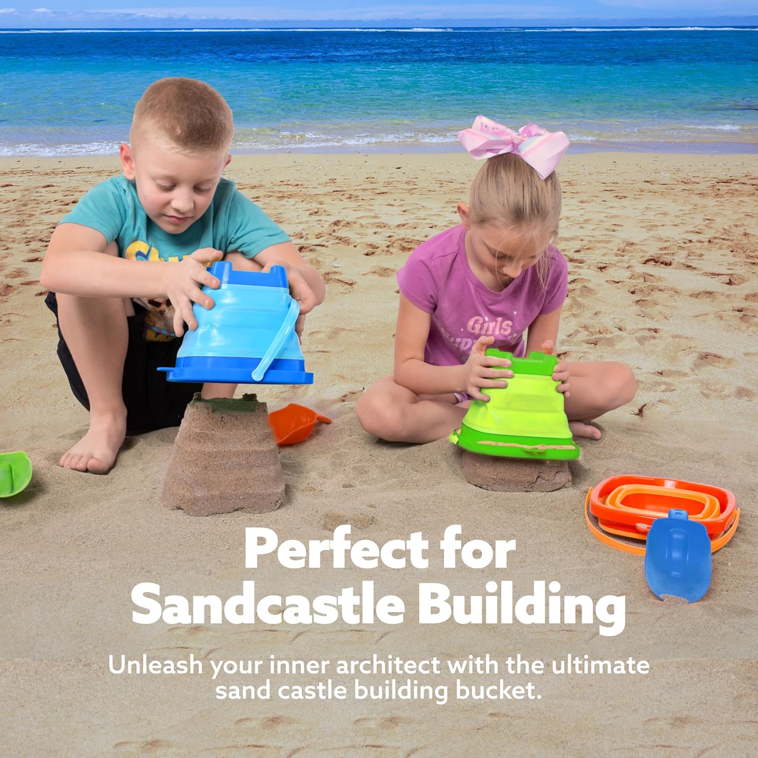 Thumbnail 2 de Sloosh 3-Pack Collapsible Sand Toys: Square Foldable Pails with 3 Shovels (Orange/Blue/Green)