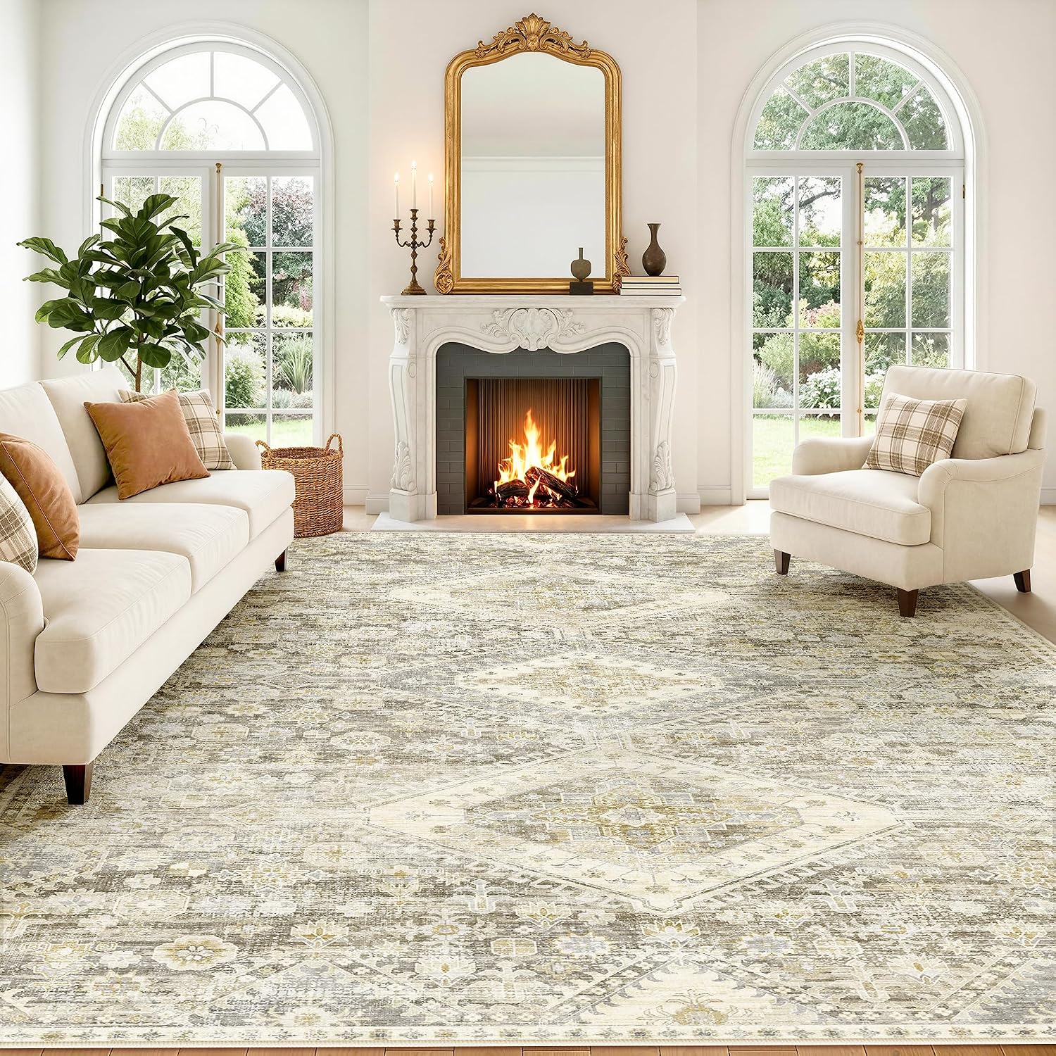 Detalle de LIVELYGLOW 8x10 Retro Vintage Area Rug, Gray Beige, Washable and Non-Slip