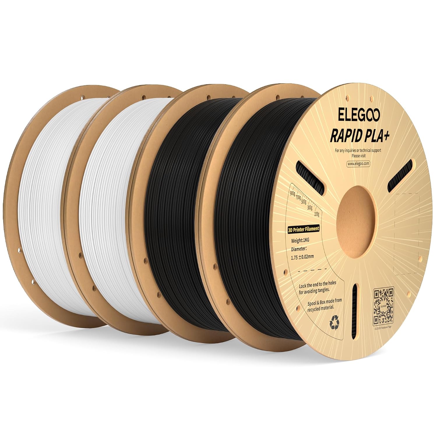 Imagen de ELEGOO Rapid PLA Plus Filament 1.75mm 4kg – Black & White (4 x 1kg) for High-Speed 3D Printing en OfertitasTOP