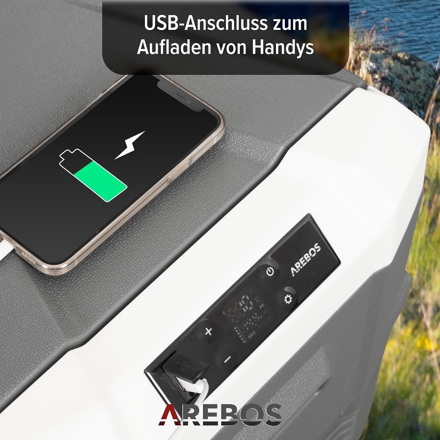 Detalle de Arebos Kompressor Kühlbox 43 Liter – Mobile Gefrierbox mit APP, USB-Ladeanschluss und Smart-Steuerung