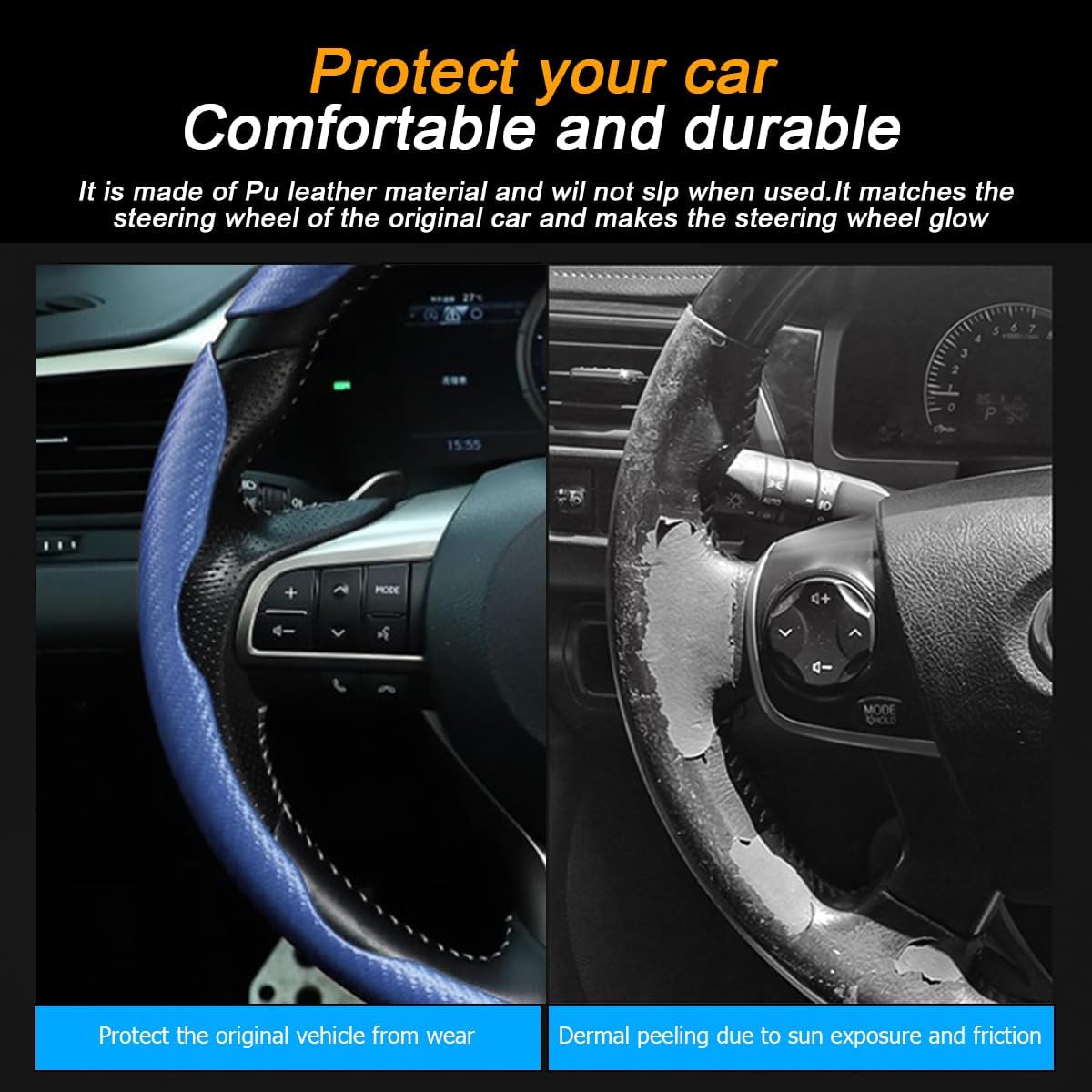 Detalle de Mandark Blue 3-Piece Leather and Carbon Fiber Steering Wheel Covers, 14.5–15-Inch Fit
