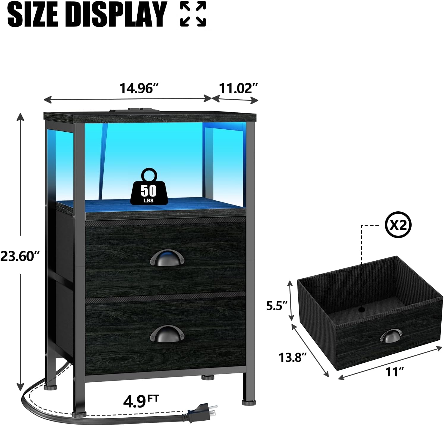 Thumbnail 2 de Furologee Nightstands Set of 2 with Charging Station, LED Lights, and Fabric Drawers — Black Oak