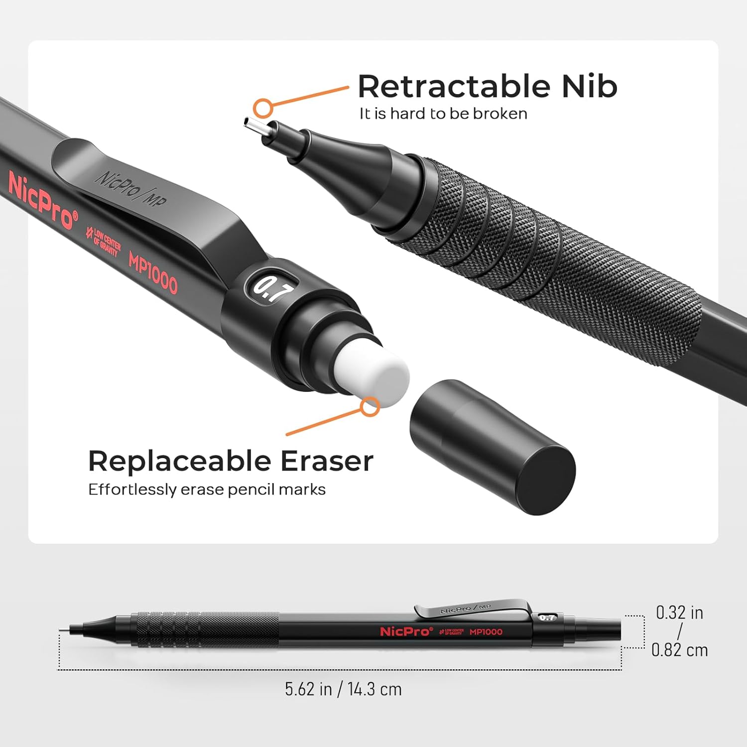 Detalle de Nicpro MP1000 Mechanical Pencil Set (0.5mm & 0.7mm) with Case – 2 Pencils, Lead, Erasers and Refills