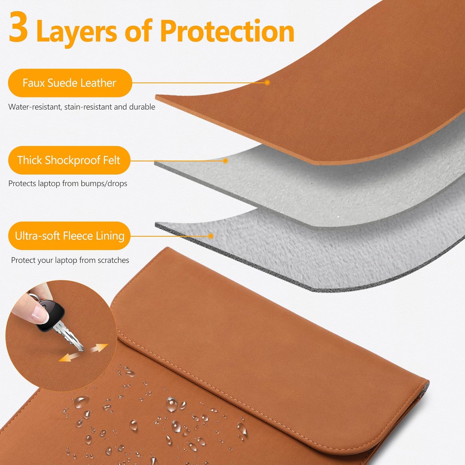 Detalle de HYZUO 15 Zoll Laptop Sleeve – Kunstleder Hülle (Braun) für MacBook Air 15, MacBook Pro 15 und Surface Laptop 7/6/5/4/3