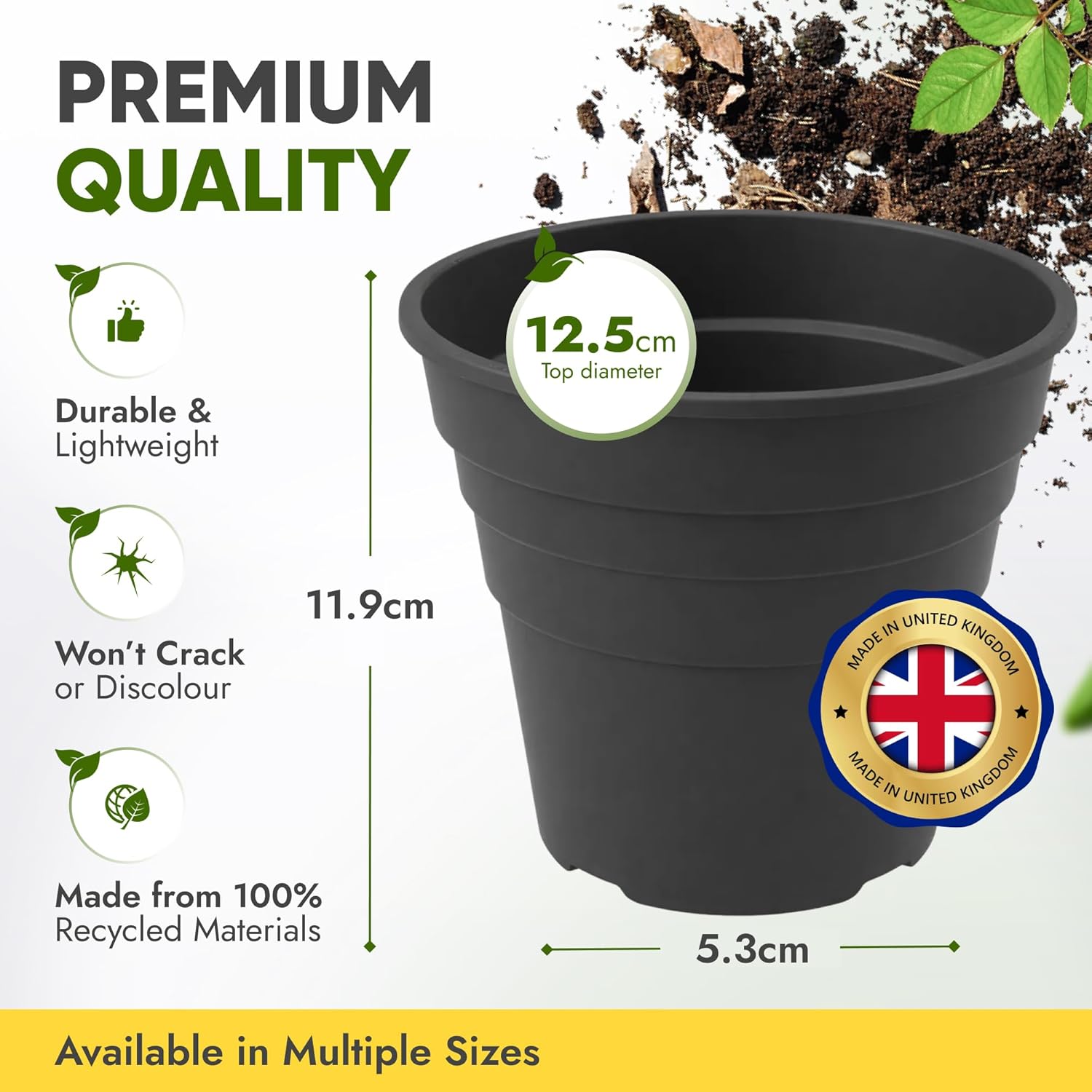 Thumbnail 2 de Happy Pots 12.5cm Gloss Black – Pack of 20 Premium Plastic Plant Pots (Made in UK)