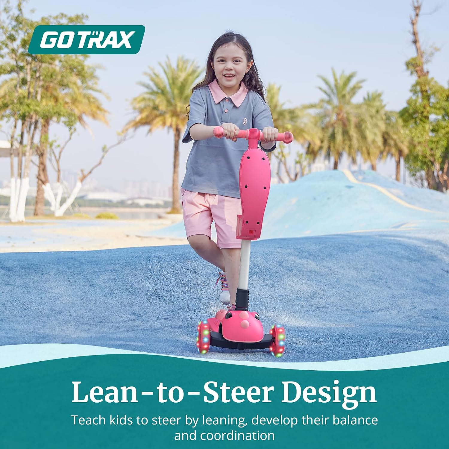 Detalle de Gotrax KS3 Pro Folding Kick Scooter for Kids (Lean-to-Steer, Removable Seat, LED Light-Up Wheels)